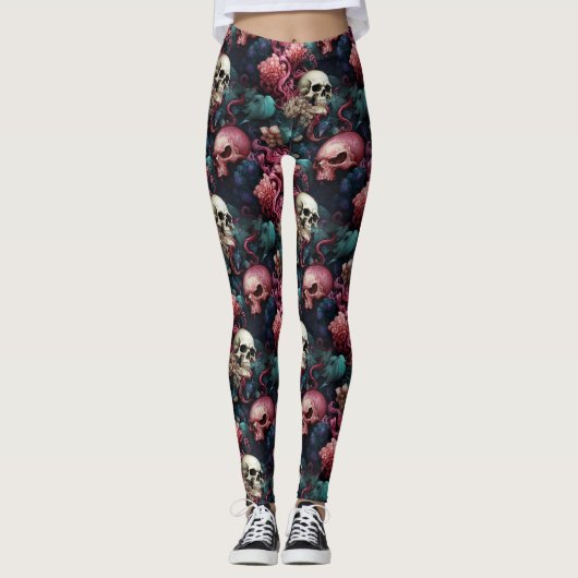 Kleurrijke roze buitenaardse schedels bloemengotie leggings (Voorkant)