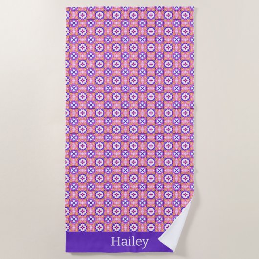 Kleurrijke roze en Paarse Spaans-stijl Tegel Patte Strandlaken (Voorkant)