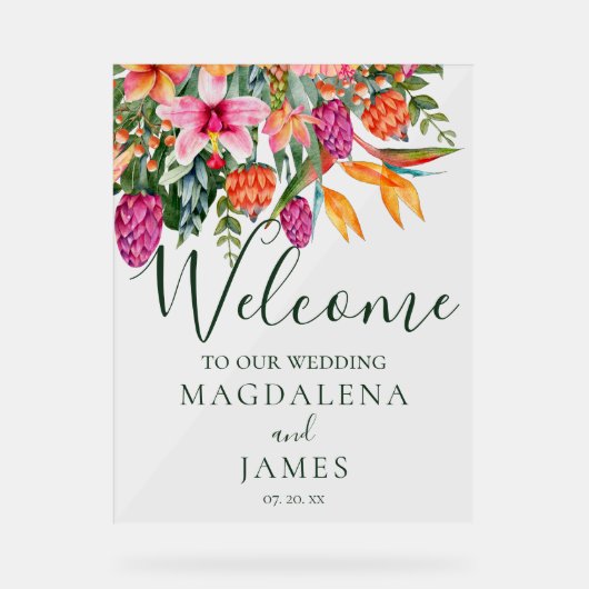 Kleurrijke Roze en Sinaasappel Tropische Bloemen W Acryl Bord (Voorkant)