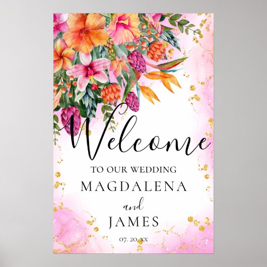 Kleurrijke Roze en Sinaasappel Tropische Bloemen W Poster (Voorkant)