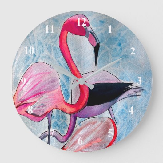 Kleurrijke roze flamingo waterverf kunst grote klok (Voorkant)