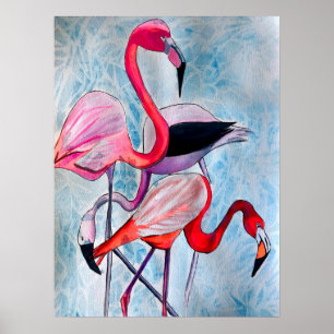 Kleurrijke roze flamingo waterverf kunst poster