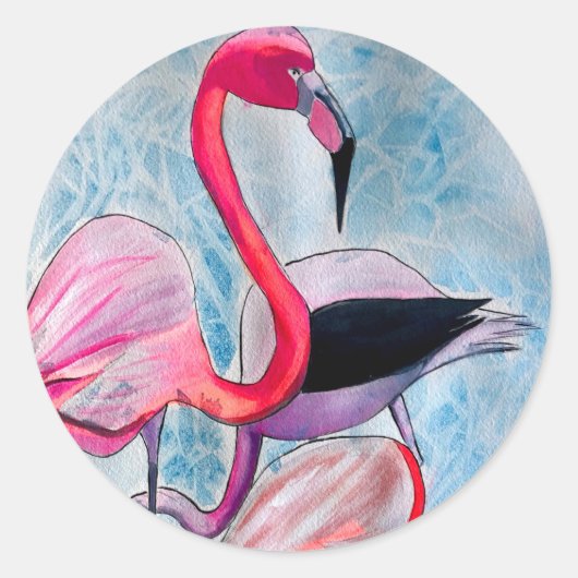 Kleurrijke roze flamingo waterverf kunst ronde sticker (Voorkant)