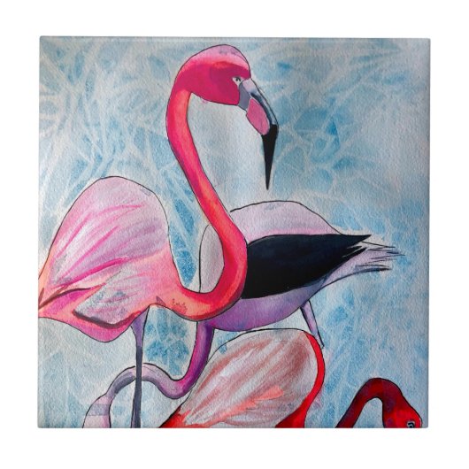 Kleurrijke roze flamingo waterverf kunst tegeltje (Voorkant)