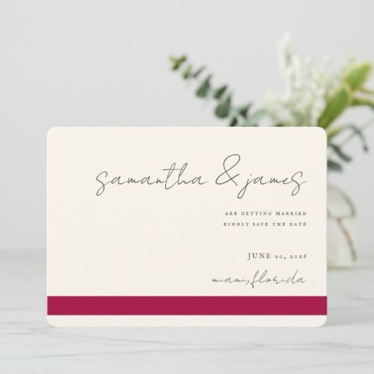 Kleurrijke roze Fuchsia Stripes Handgeschreven Save The Date (Staand voorkant)