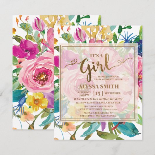 Kleurrijke Roze Gele Bloemrijke Script Babyshower Kaart (Voorkant / Achterkant)