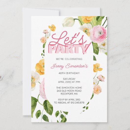 Kleurrijke Roze Gele Lente Bloemen 40ste Verjaarda Kaart (Voorkant)