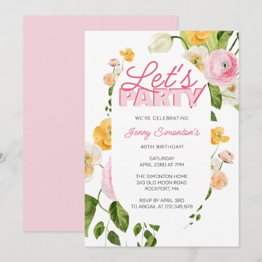 Kleurrijke Roze Gele Lente Bloemen 40ste Verjaarda Kaart (Voorkant / Achterkant)