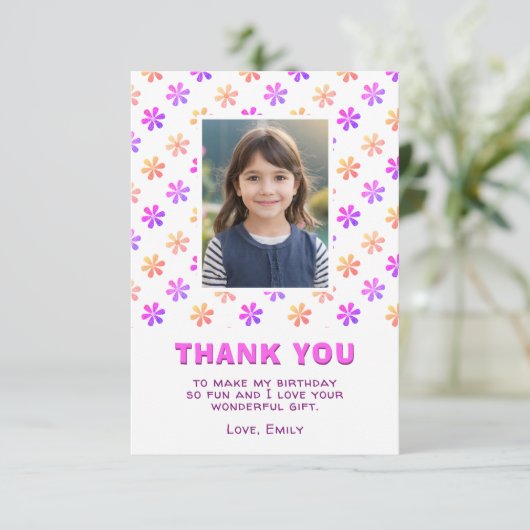 Kleurrijke Roze Glitter Bloemen Verjaardag Meisje  Bedankkaart (Staand voorkant)