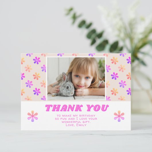 Kleurrijke Roze Glitter Bloemen Verjaardag Meisje  Bedankkaart (Staand voorkant)
