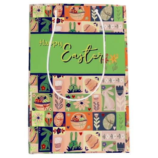 Kleurrijke roze groene konijn medium cadeauzakje (Voorkant)