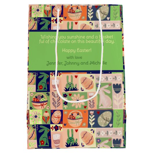 Kleurrijke roze groene konijn medium cadeauzakje (Achterkant)