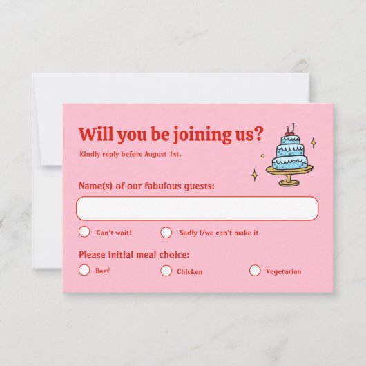 Kleurrijke roze hand getekend funky geschreven bru RSVP kaartje (Voorkant)