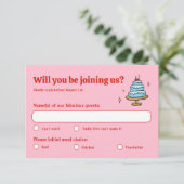 Kleurrijke roze hand getekend funky geschreven bru RSVP kaartje (Staand voorkant)