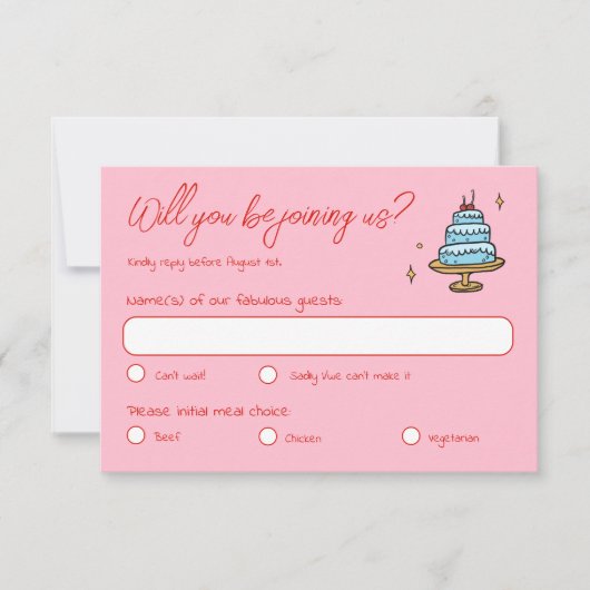 Kleurrijke roze hand getekend funky geschreven bru RSVP kaartje (Voorkant)