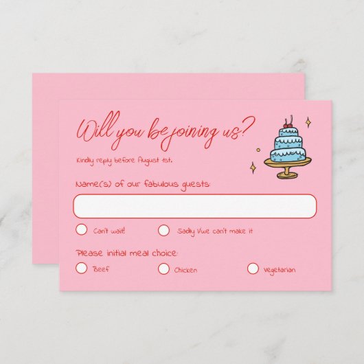 Kleurrijke roze hand getekend funky geschreven bru RSVP kaartje (Voorkant / Achterkant)