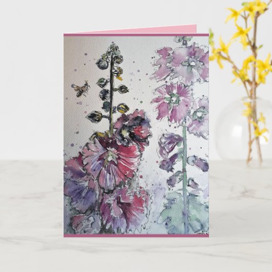 Kleurrijke Roze Hollyhock Waterverf Groeten Kaart (Gele Bloem)