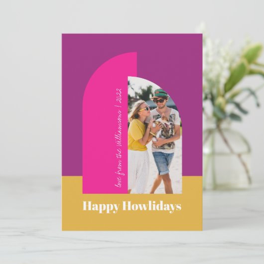 Kleurrijke Roze Kerst Familie Foto Boog Feestdagenkaart (Staand voorkant)