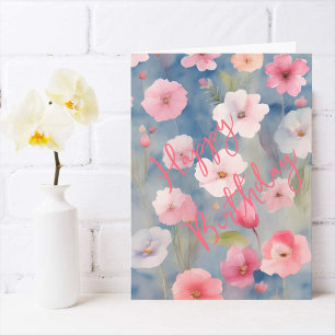 Kleurrijke roze lente bloemen op tinten blauw kaart