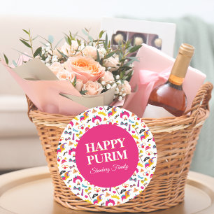 Kleurrijke Roze Mishloach Manot Happy Purim Sticke Ronde Sticker