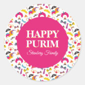 Kleurrijke Roze Mishloach Manot Happy Purim Sticke Ronde Sticker (Voorkant)