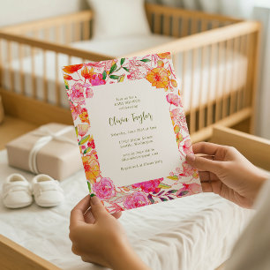 Kleurrijke Roze Oranje Bloem Kader Baby Shower Kaart