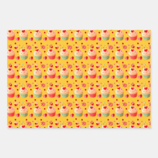 Kleurrijke roze, Oranje en gele verjaardagscupcake Inpakpapier Vel (Voorkant 2)