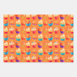 Kleurrijke roze, Oranje en gele verjaardagscupcake Inpakpapier Vel