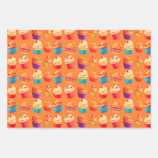 Kleurrijke roze, Oranje en gele verjaardagscupcake Inpakpapier Vel (Voorkant)