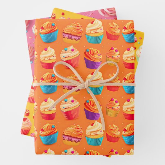 Kleurrijke roze, Oranje en gele verjaardagscupcake Inpakpapier Vel (In situ)