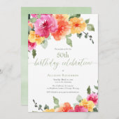 Kleurrijke roze oranje pioenrozen 50ste verjaardag kaart (Voorkant / Achterkant)