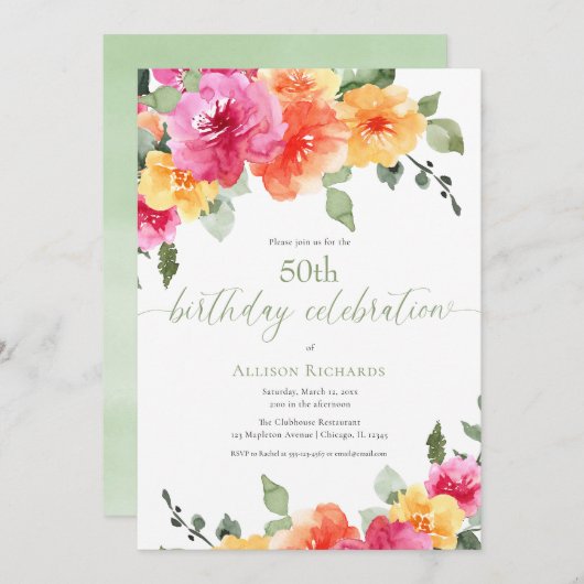 Kleurrijke roze oranje pioenrozen 50ste verjaardag kaart (Voorkant / Achterkant)