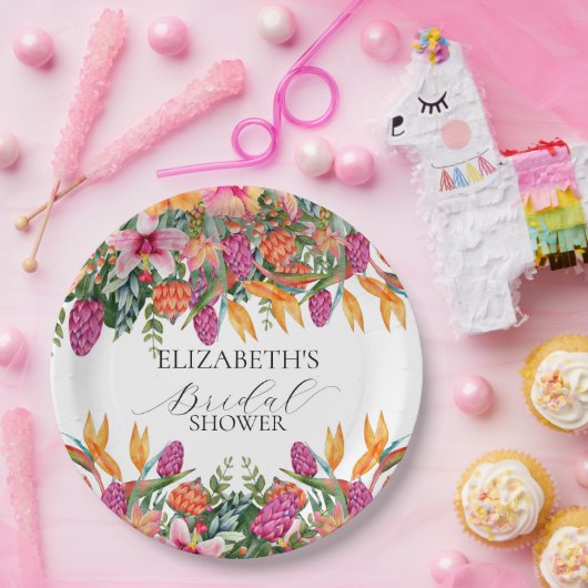 Kleurrijke Roze Oranje Tropische Bloemige Bruiloft Papieren Bordje (Feest)