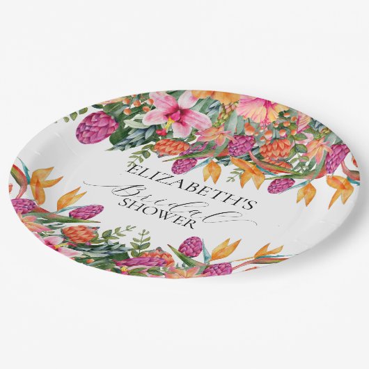 Kleurrijke Roze Oranje Tropische Bloemige Bruiloft Papieren Bordje (Gekanteld)