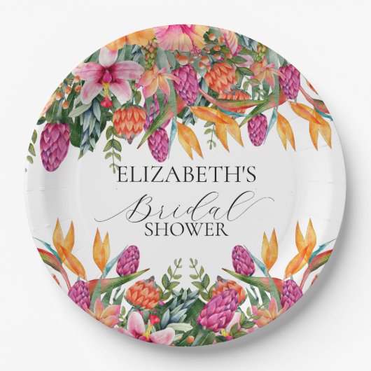 Kleurrijke Roze Oranje Tropische Bloemige Bruiloft Papieren Bordje (Voorkant)