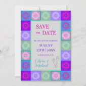 Kleurrijke roze paarse tegels patroon hippie bruil save the date (Voorkant)