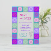 Kleurrijke roze paarse tegels patroon hippie bruil save the date (Staand voorkant)