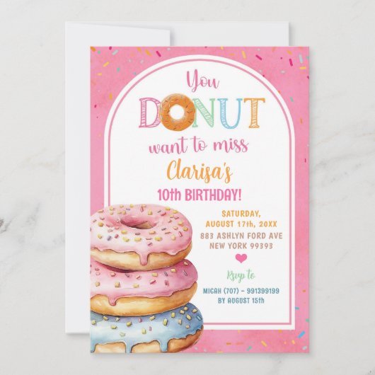 Kleurrijke roze pastel gestrooide donuts verjaarda kaart (Voorkant)