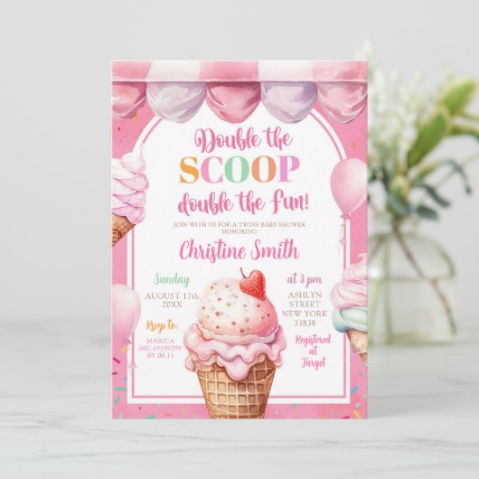 Kleurrijke Roze Pastel Ice Cream Twins Baby shower Kaart (Staand voorkant)