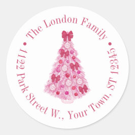 Kleurrijke roze rode kerstboom retour adres ronde sticker