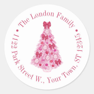 Kleurrijke roze rode kerstboom retour adres ronde sticker
