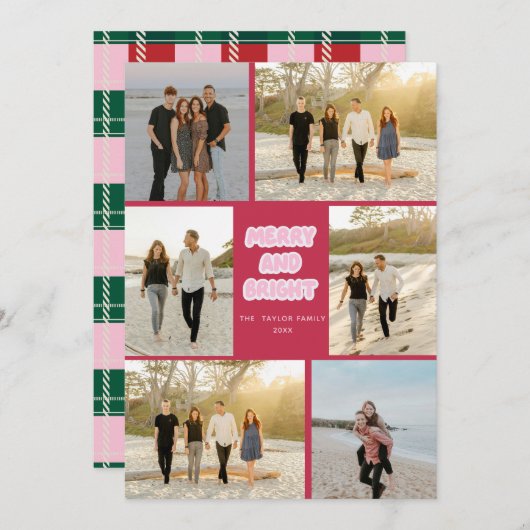 Kleurrijke Roze Rode Plaid Vrolijk en Heldere Kers Feestdagenkaart (Voorkant / Achterkant)