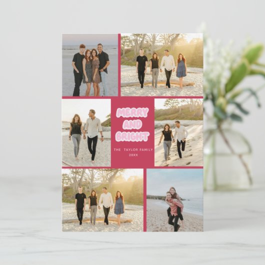 Kleurrijke Roze Rode Plaid Vrolijk en Heldere Kers Feestdagenkaart (Staand voorkant)