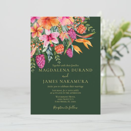 Kleurrijke Roze Sinaasappel Groen Tropische Bloeme Kaart (Staand voorkant)