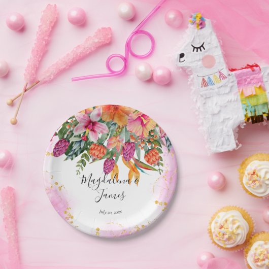 Kleurrijke Roze Sinaasappel Tropische Bloemen Brui Papieren Bordje (Feest)