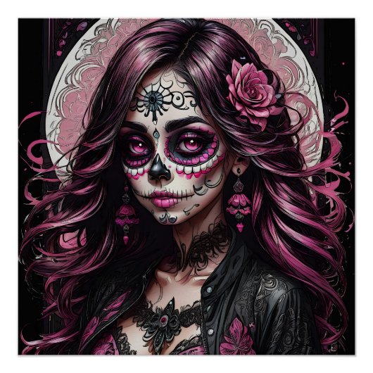 Kleurrijke Roze Suiker Schedel geen p3 Glanzend Po Perfect Poster (Voorkant)