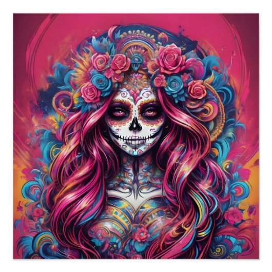 Kleurrijke Roze Suikerschedel geen c5 Glanzend Pos Perfect Poster (Voorkant)