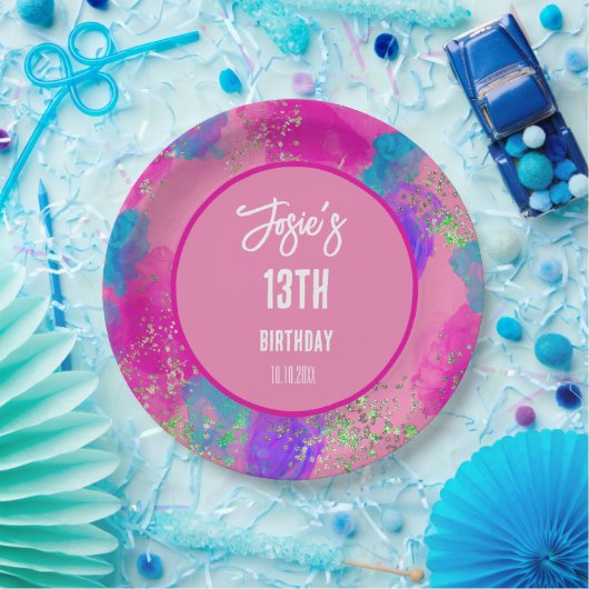 Kleurrijke Roze Verf Splash Verjaardag Papieren Bordje (Feest)