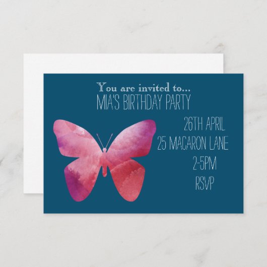 Kleurrijke roze vlinder meisje verjaardag partij kaart (Voorkant / Achterkant)