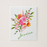 Kleurrijke roze Waterverf Floral Art op maat gemaa Legpuzzel<br><div class="desc">Deze prachtige puzzel van de puzzel heeft een kleurrijke roze en oranje waterverf florale bouquet. Pas het met jouw naam in een stijlvolle manuscripttypografie aan. Geweldig cadeauidee.</div>